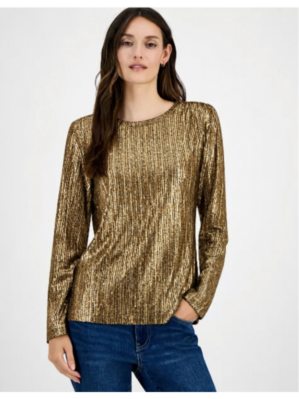 Tommy Hilfiger Shimmer Gold Ribbed Long Sleeve Blouse Top NWT L